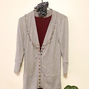 Small Heather Grey Lightweight 3/4 Sleeve Button Cardigan